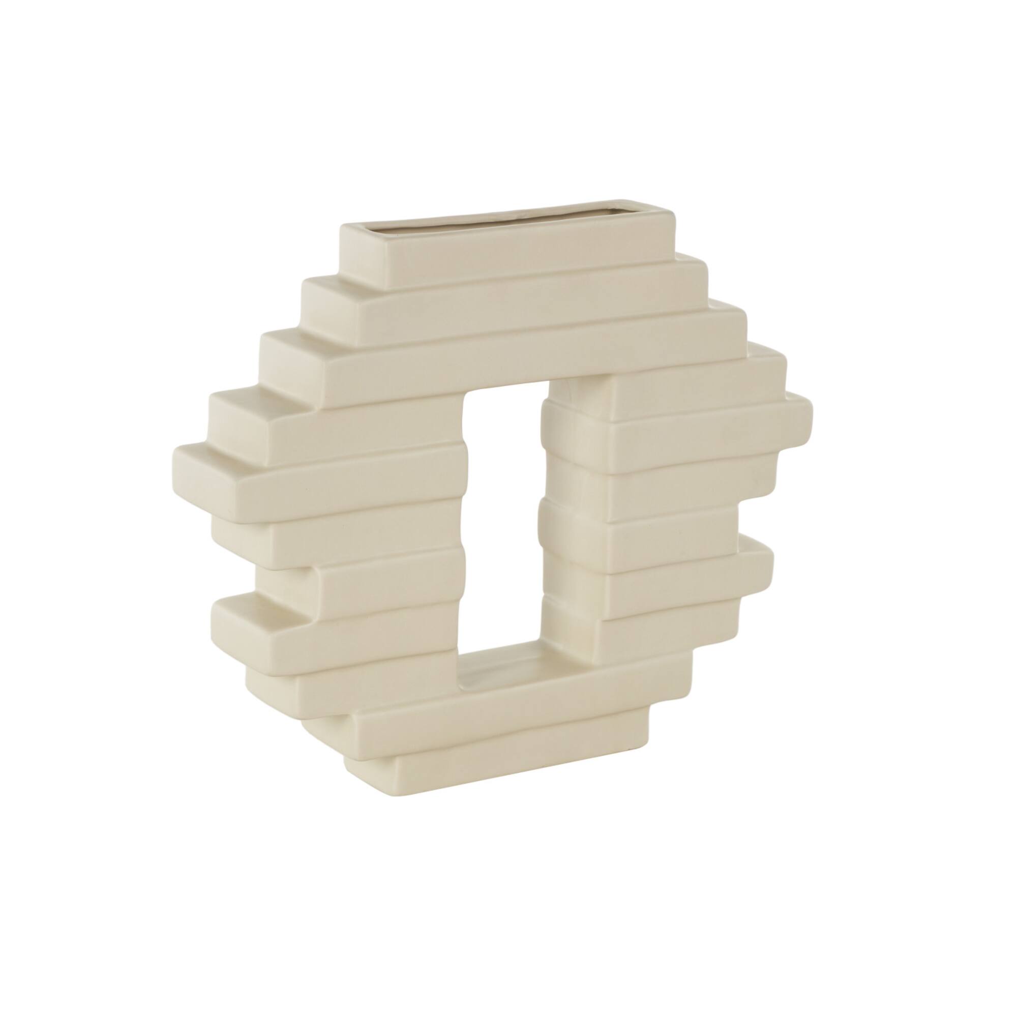 12" Cream Ceramic Abstract Decorative Vase with Rectangular Center Cutout